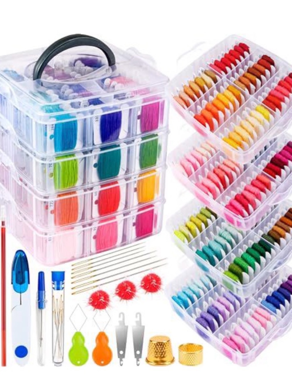 Embroidery Thread in Clear Stackable Organizer with Handle, includes tools!